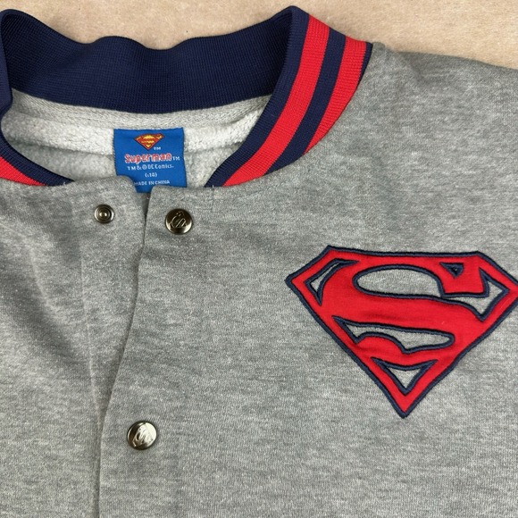 Superman Varsity Jacket Men XL/2XL Gray Blue Snap Button Fleece DC Comics Hero - Picture 3 of 10